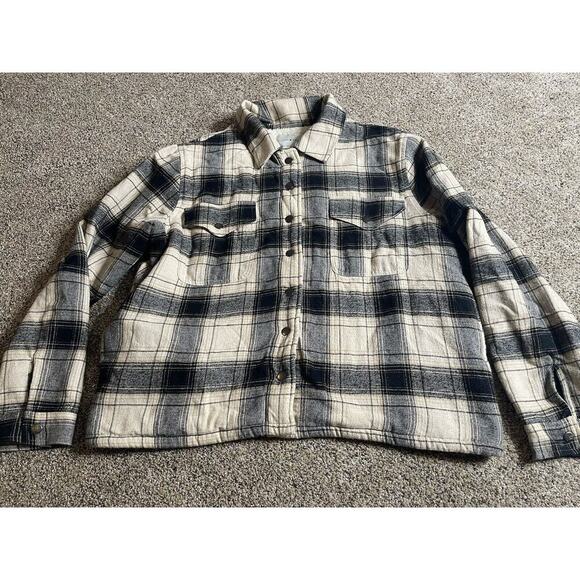 Lucky Brand Plaid Flannel Sherpa Lined Jacket Shacket Womens Large Black Cream - Picture 1 of 7